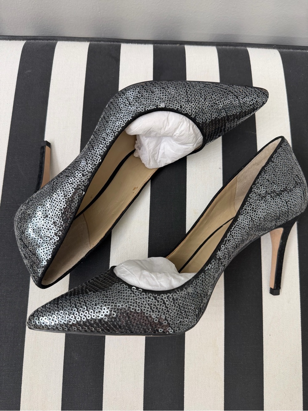 Ann Taylor Black & Silver Sequin Pointed-Toe Pumps